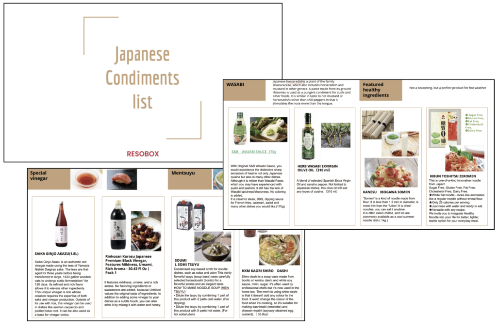 日本の調味料をまとめた自社カタログの一部