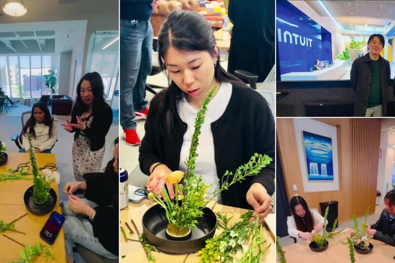 Intuitニューヨークオフィスでの生け花ワークショップのコラージュ：鳥巣千秋先生のレクチャー、参加者の作品づくり、INTUITロゴ前での記念写真