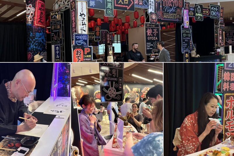 Momosan Foxwoods 1周年Tokyo Night Marketのコラージュ：会場全景と、RESOBOXの3人のパフォーマー（墨絵・田中太山、水引・Satoi Adams、折り紙・益子志保）