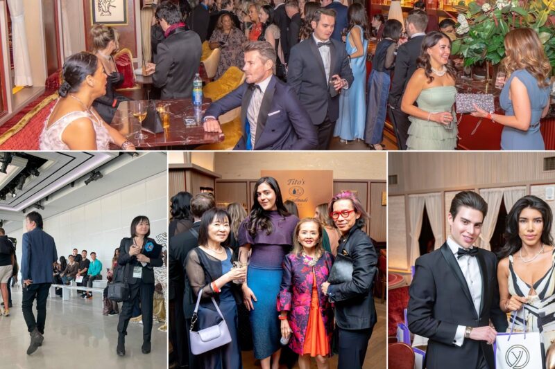 yayoiのNY活動のコラージュ（Gabrielle's Angel Foundationガラ、NYファッションウィーク会場、松岡とも子社長とゲスト、yayoiのギフトバッグ）